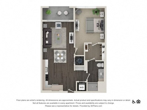 Floor plan for 1 bed, 1 bath, 768 sqft